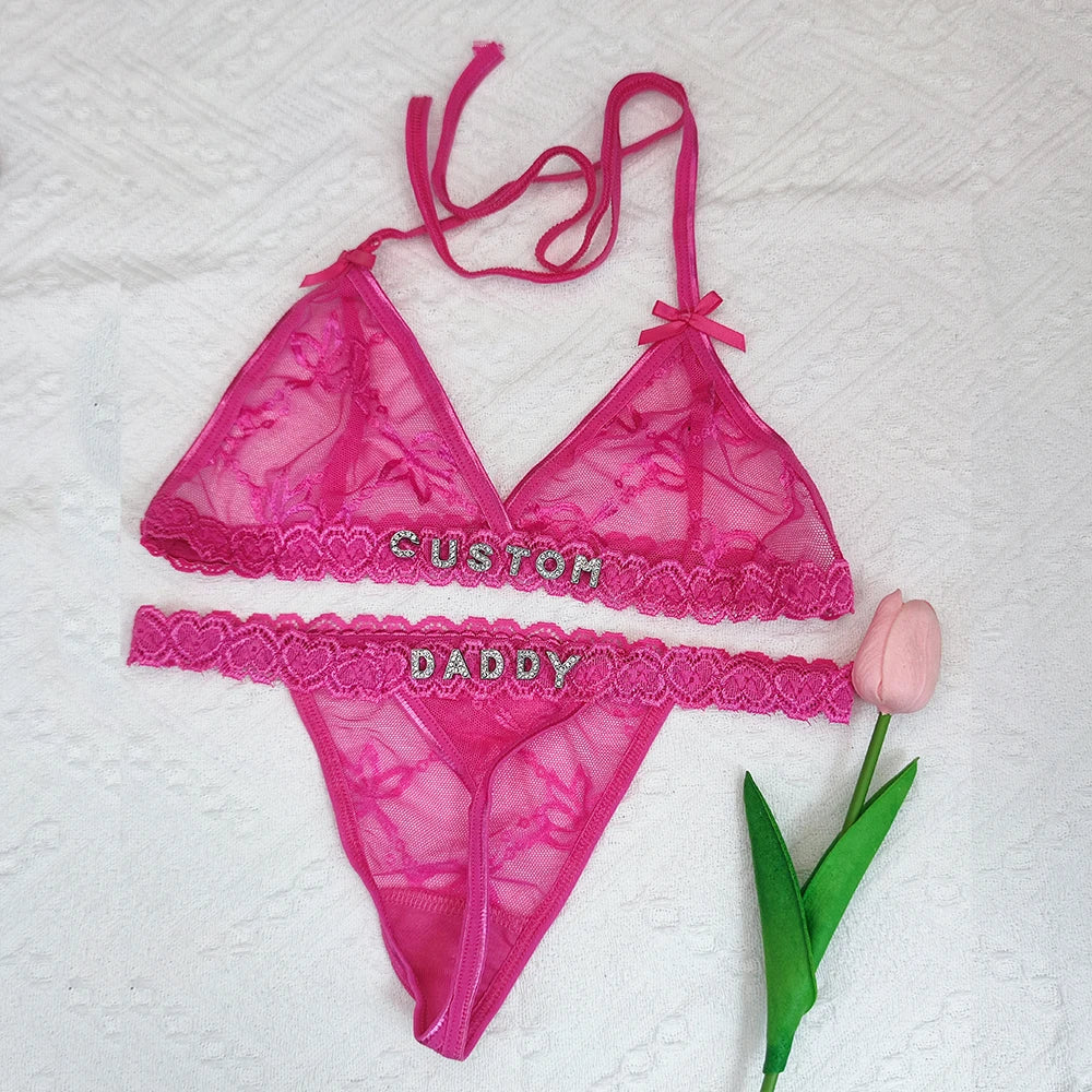 Feisty Custom Name Lingerie Lace Set, Bra & Thong