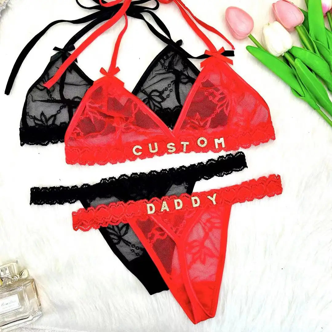 Feisty Custom Name Lingerie Lace Set, Bra & Thong